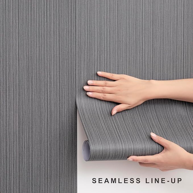Black Grasscloth Wallpaper Peel and Stick Fabric Linen Textured 24"x394" Classic Faux Grassweave Upgraded Thick Self-Adhesive Neutral Contact Paper Vinyl Film Liner Roll for Home Use