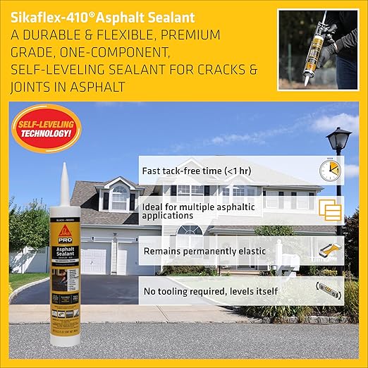 SIKA Sikaflex-410 Asphalt Sealant, Black, Self-Leveling Hybrid Sealant for Filling Cracks in Asphalt Driveways,Roadways and Pavements - 9 fl. oz. Cartridge,Fills Cracks up to 1.5 in. Wide(Pack of 12)