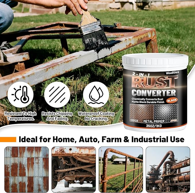 2-in-1 Rust Converter & Metal Primer, 35oz Matte Black Rust Inhibitor Paint for Metal, Ultra Automotive Rust Reformer & Seal, Heat Resistance Trailer Paint for Chassis, Frame, Marine, Industrial