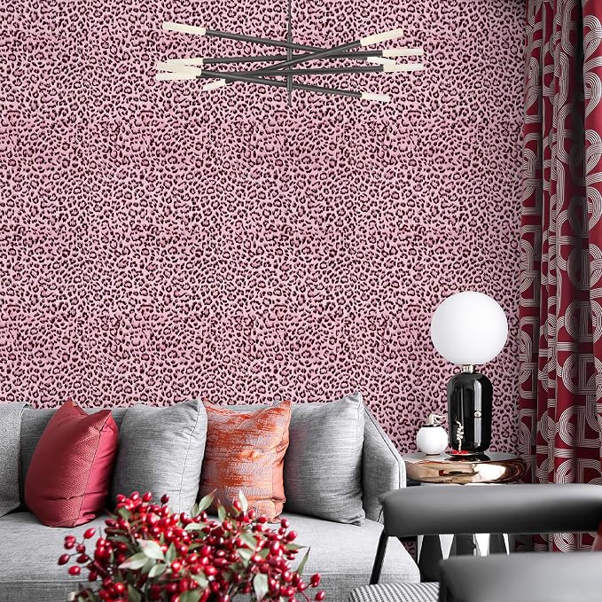 Leopard Print Peel and Stick Wallpaper, Waterproof Removable Self Adhesive Textured Wall Paper, Black and Pink Unique Funky Cheetah Contact Paper for Bedroom and Bathroom 480"X17.3"(57.6 sq. ft)