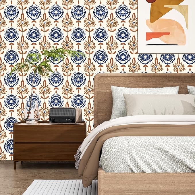 BOKEBEVE Super Long Floral Contact Paper Boho Beige Brown 17.5 x 787In | Wallpaper Peel and Stick Removable Wall Paper for Accent Walls Drawer Cabinet Bedroom Renter Friendly
