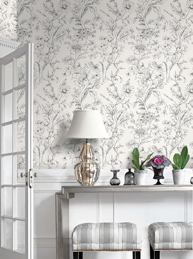 Hopepak Black and Cream White Wallpaper Floral Peel and Stick Wallpaper 17.3" x 78.7" Self Adhesive Removable Vintage Wall Paper for Bedroom Flower Boho Contact Paper for Cabinets Drawers Vinyl