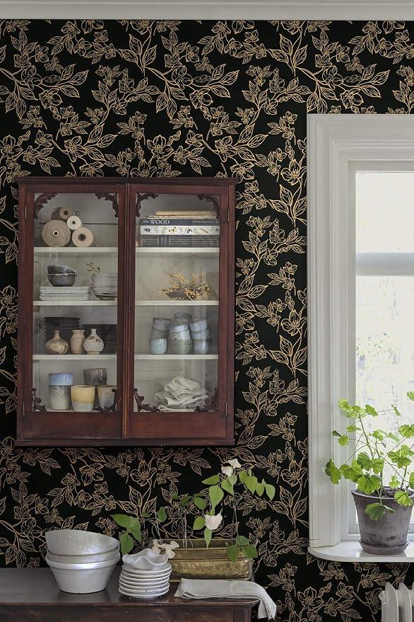 Ismoon Floral Peel and Stick Wallpaper Vintage Black and Gold Contact Paper Dark Stick on Wallaper Removable Self Adhesive Wall Paper for Cabinets Shelf Drawer Bedroom Vinyl Roll 17.3x196in