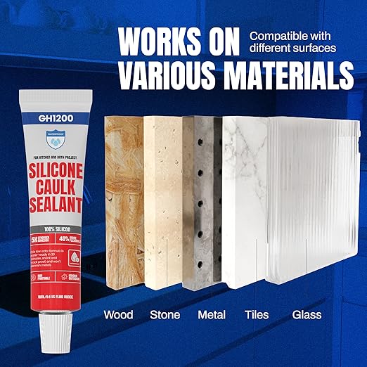 GH1200 18 ML x 8 PCs Silicone Caulk Clear Silicone Sealant Waterproof, Kitchen & Bathroom Caulk - Shrink & Crack Proof - Pocket-Friendly Small Size Indoor & Outdoor Use Silicone Glue - Strong Caulking