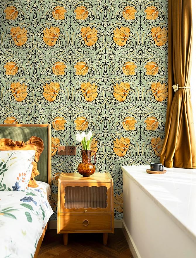 HAOKHOME Vintage Floral Wallpaper Peel and Stick Botanical Green/Yellow/Black Wall Murals Home Kitchen Bedroom Decor by William Morris 17.3in x 9.8ft