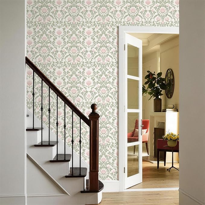 YXTII 590.5" × 17.3" Floral Wallpaper Peel and Stick Pink and Green Wallpaper Vintage Damask Wall Paper for Bedroom Bathroom Decorative Self Adhesive Contact Paper
