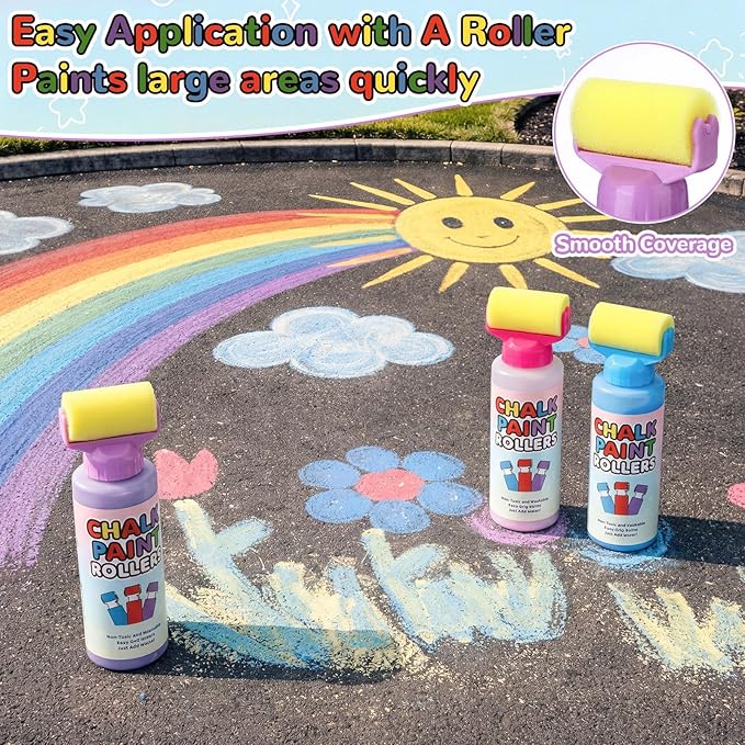 Eaasty 18 Pcs Roller Sidewalk Paint Set Washable Powdered Chalks Mix in Water Paint Rollers 3 Colors Kids Outdoor Art Toy for Driveway Sidewalk Chalkboard