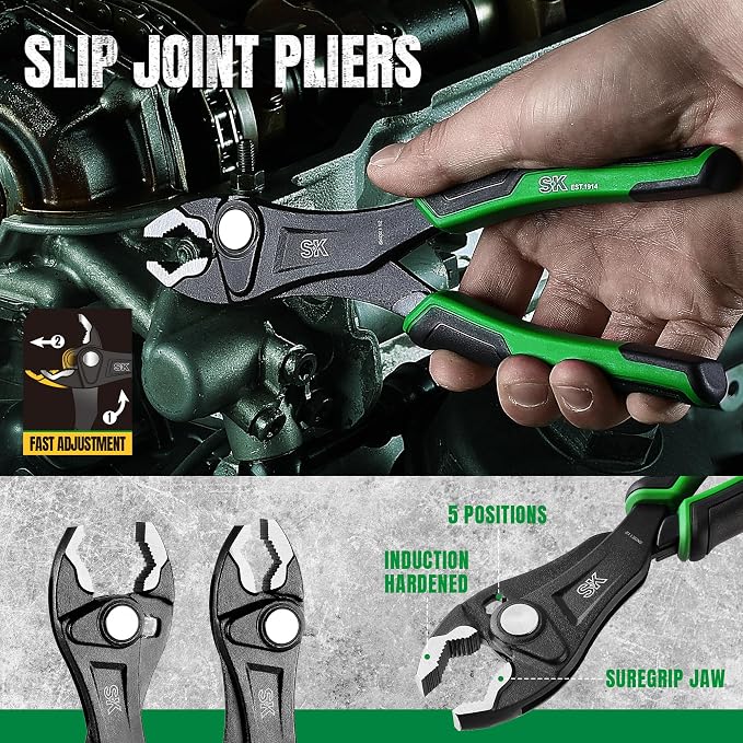 SK 5-Piece Pliers Set, Premium CR-V Steel, with EVA Foam Tool Organizer | 8" Adjustable Slip Joint Pliers, 8", 10" and 12" Quick Adjust V-Jaw Water Pump Pliers, 10" Smooth Parallel Jaw Pliers Wrench