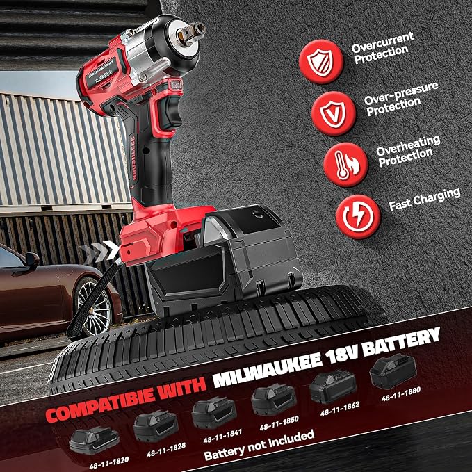 DIYtoolifz Cordless Impact Wrench 1/2" Compatible with Milwaukee 18v Battery (Bare Tool), 300 FT-LBS Brushless Impact Driver, Portable Electric Impact Gun with LED Work Light, 3-Speed Control