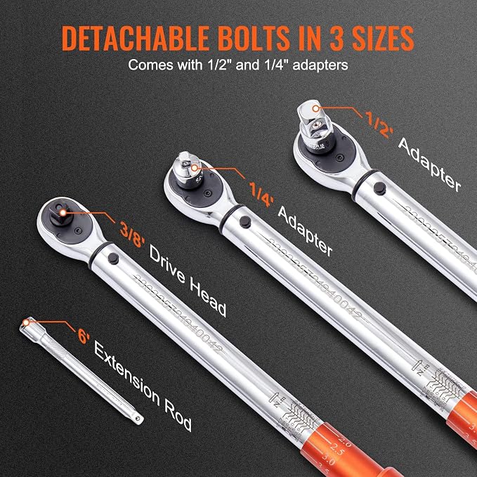 VEVOR Torque Wrench 3/8-inch Drive 10-80ft.lb/14-110n.m Click Torque Wrench | Auto or Instruments Repairing, Chrome Vanadium Steel, Dual-Direction Adjustable, with Double Range Scales, Adapters, Orange