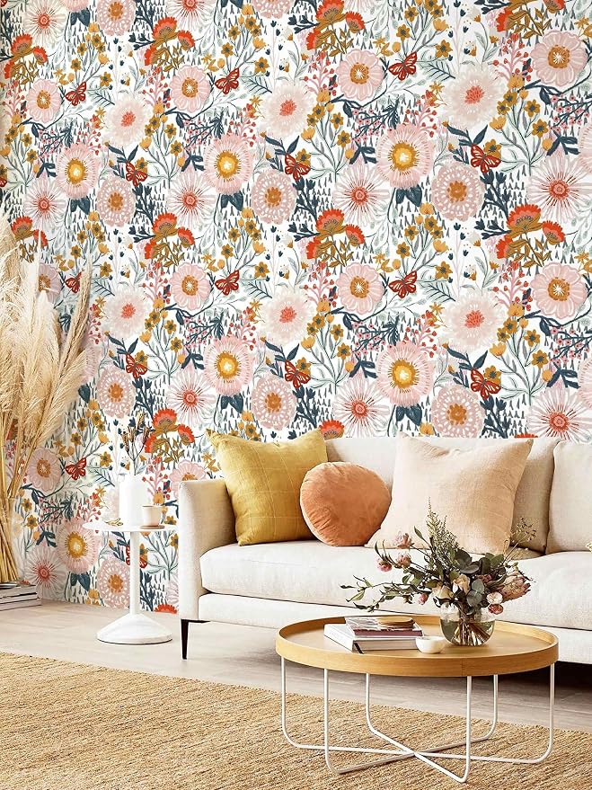 Dimoon Floral Wallpaper Peel and Stick Wallpaper Boho Retro Contact Paper 17.3''x78.7'' White Bohemian Vintage Removable Wall Paper Renter Friendly Waterproof Wall Mural Bedroom Bathroom Vinyl