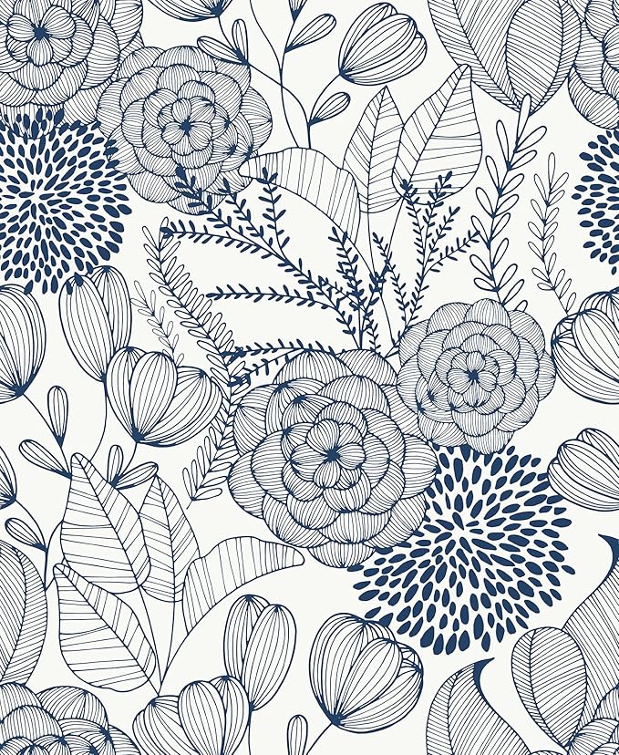 NuWallpaper by WallPops NUS3830 Navy Secret Garden Peel & Stick Wallpaper, Blue