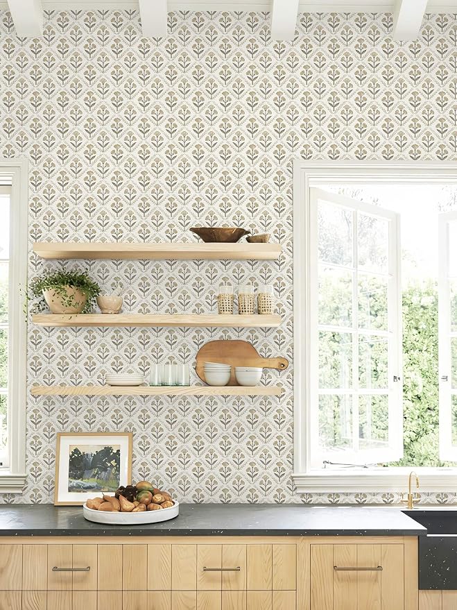 Dimoon 17.3''x197'' Peel and Stick Wallpaper Floral Beige Boho Neutral Cute Contact Paper Vintage Village Country Cottage Wallpaper Farmhouse Renter Friendly Geometry Waterproof Kitchen Bedroom