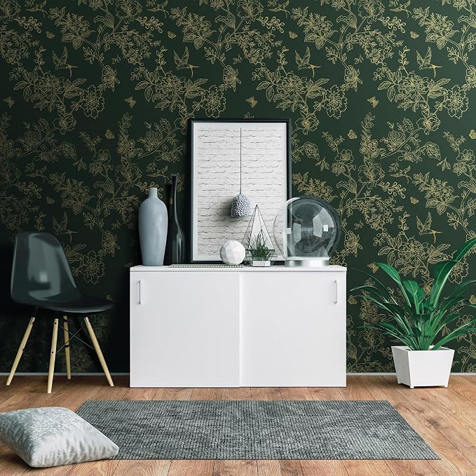 Froluya Green and Gold Peel and Stick Wallpaper for Bathroom 17.7in×590.5in | Dark Green Floral Wallpaper Vintage Contact Paper Peel and Stick Flowers Birds Removable Self Adhesive Cabinets Wall Paper
