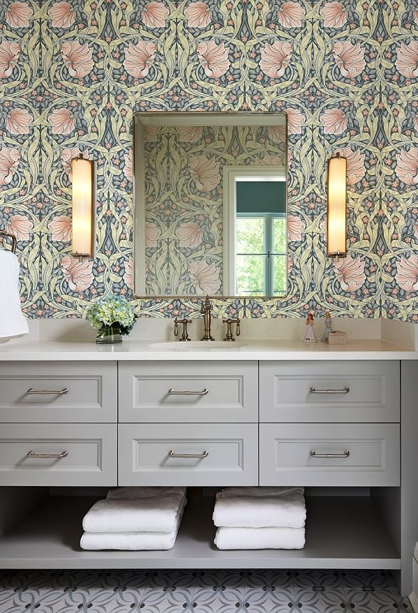 HAOKHOME Vintage Floral Wallpaper Peel and Stick Botanical Grey/Terracotta Wall Murals Home Kitchen Bedroom Decor by William Morris 17.3in x 9.8ft