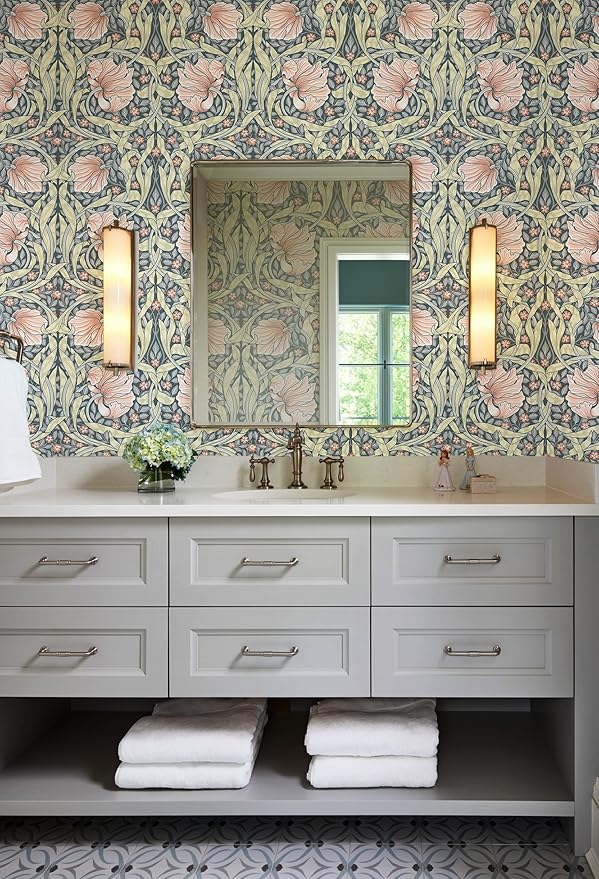 HAOKHOME Vintage Floral Wallpaper Peel and Stick Botanical Grey/Terracotta Wall Murals Home Kitchen Bedroom Decor by William Morris 17.3in x 32.8ft