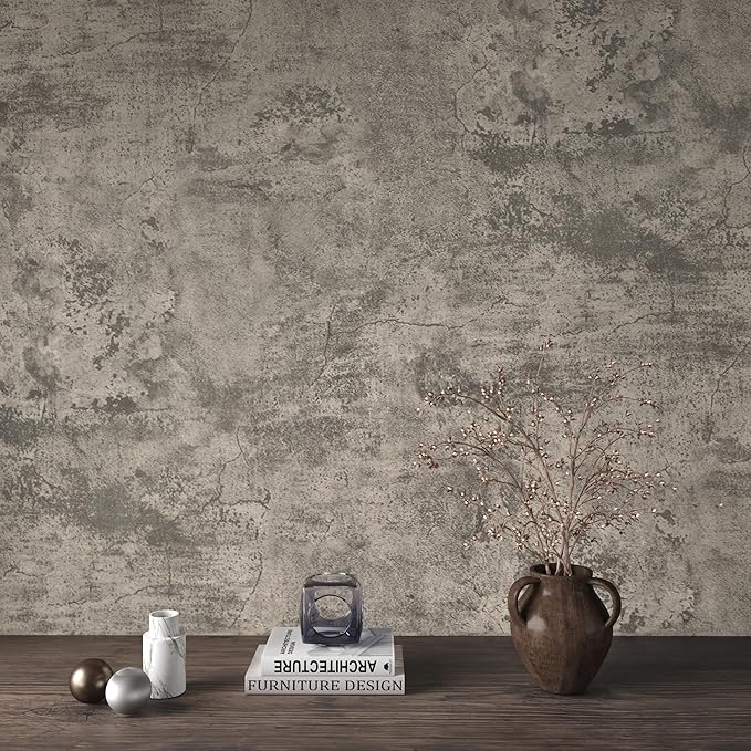 JSEVEM 16"×197" Light Brown Concrete Wallpaper Peel and Stick Industrial Beige Gray Cement Contact Paper Vinyl Warp Matte Textured Self Adhesive Wall Paper for Bedroom Bathroom Office Walls
