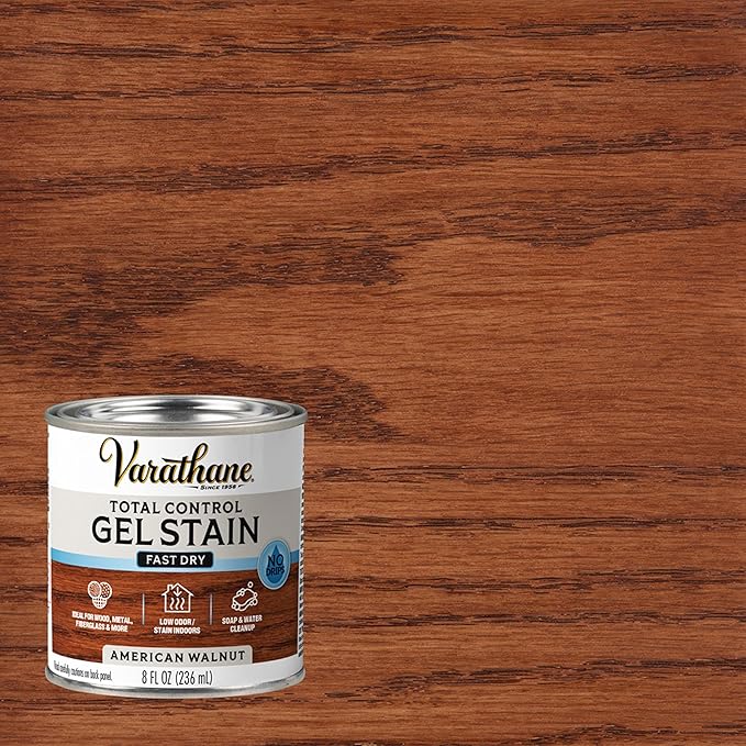 Varathane Total Control Gel Stain | Low Odor Water-Based Formula | Thick Gel Formula for Vertical Surfaces | Ideal for Wood, Metal & Fiberglass | Half Pint | American Walnut