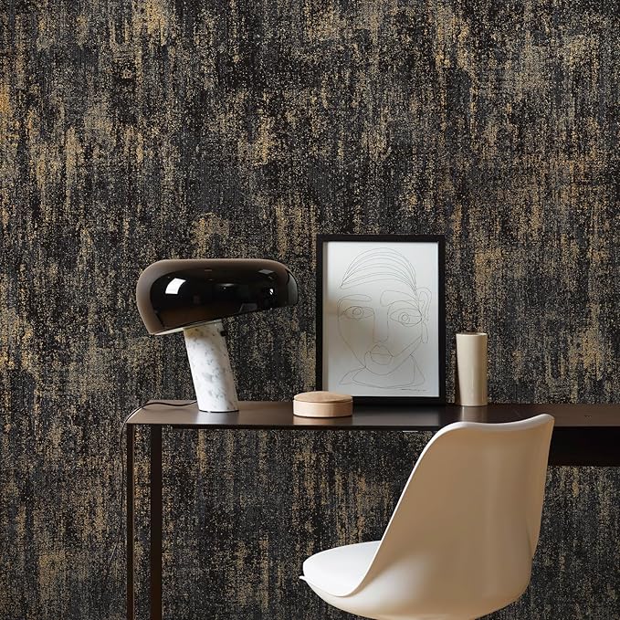 JiffDiff Vintage Metallic Peel and Stick Wallpaper Industrial Metallic Concrete Wall Paper Modern Stick on Wallpaper Self Adhesive Contact Paper(17.3" x 400" Black Gold)