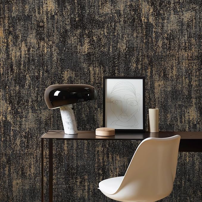 JiffDiff Vintage Metallic Peel and Stick Wallpaper Self Adhesive Industrial Metallic Concrete Wall Paper Modern Stick on Wallpaper Contatt Paper(17.3" x 800" Black Gold)