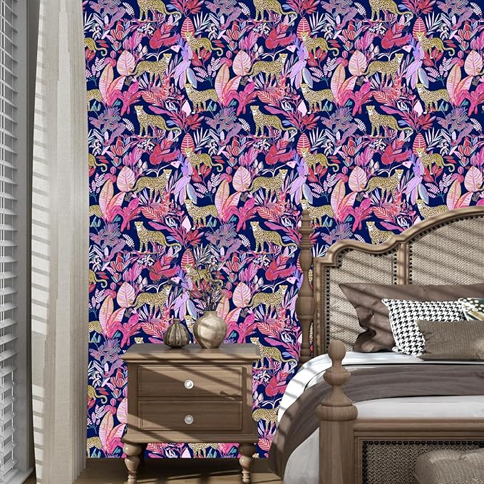 Purple Vintage Leopard Peel and Stick Wallpaper 17.5" x 787" | Waterproof Vinyl Self Adhesive Removable Renter Friendly Floral Contact Paper