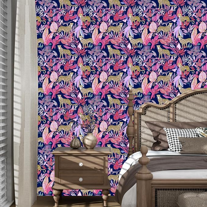Purple Vintage Leopard Peel and Stick Wallpaper 17.5" x 393" | Waterproof Vinyl Self Adhesive Removable Renter Friendly Floral Contact Paper