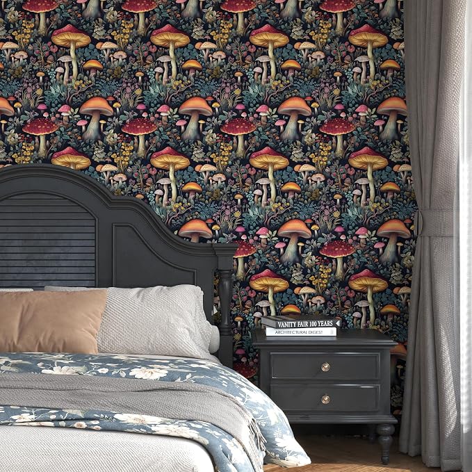 BOKEBEVE Mushoroom Wallpaper Peel and Stick Boho Black Red 17.5 x 393.5In | Extra Long Removable Renter Friendly Vintage Floral Wall Paper for Bedroom Bathroom Living Room Feature Accent Wall