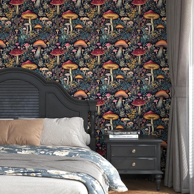 BOKEBEVE Mushoroom Wallpaper Peel and Stick Boho Black Red 17.5 x78.5In | Removable Self Adhesive Renter Friendly Vintage Floral Wall Paper for Bedroom Bathroom Living Room Feature Accent Wall