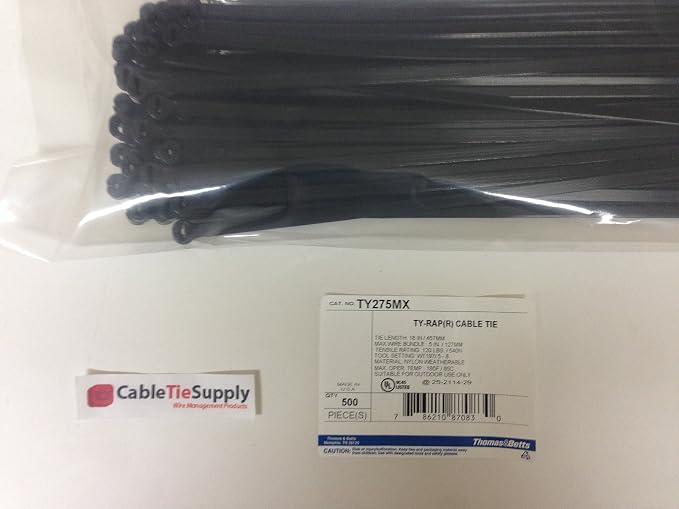 Thomas & Betts TY5275MX Cable Tie 120lb 18" Ultraviolet Resistant Black Nylon with Stainless Steel Locking Device Distributor Pack (50 Pack)