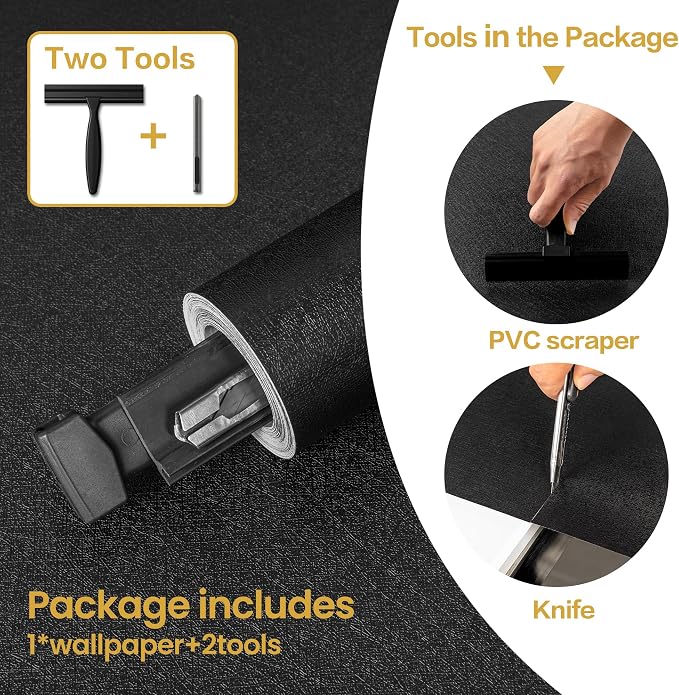 Black Wallpaper Peel and Stick with Tools, Matte Black Contact Paper | Self-Adhesive and Removable 17.7'' x 236.2'', Thickened Wall Paper for Cabinets, Drawers and Countertop