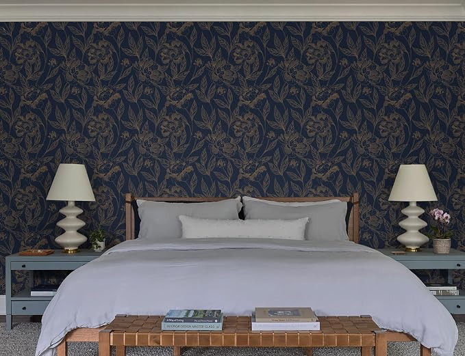 Timeet Peel and Stick Wallpaper Gold and Blue Floral Wall Paper for Bedroom Removable Self Adhesive Elegant Contact Paper Decor 17.7In × 78.7In