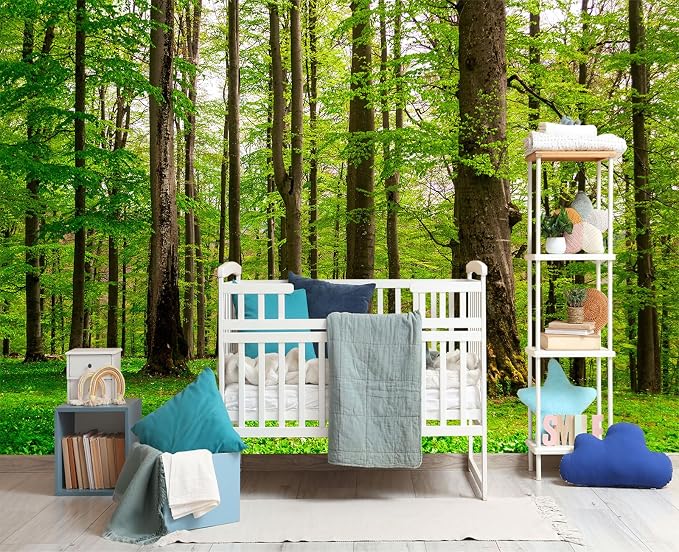 YIHWM-Peel and Stick Green Forest Wallpaper Landscapes Woodland Tree Mural | Tear-resistant,with a substantial feel;Will not be damaged during repositioning.Bathroom,Bedroom wallpaper.L-137"x96"