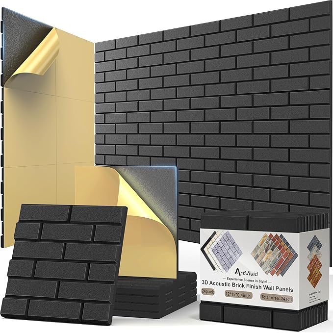 24Pack Acoustic Panels, 12"×12"×0.4" Self-Adhesive Brick Sound Proof Foam Panels for Walls, High Density Soundproof Wall Panels, Sound Absorbing Panels for Recording Studios, Offices, Black