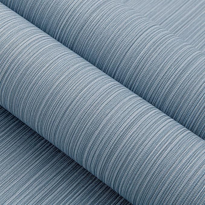 Blue Grey Faux Grasscloth Wallpaper Peel and Stick Linen Textured 24"x394" Upgraded Thick Self-Adhesive Waterproof Neutral Decorative Contact Paper Vinyl Film Roll for Wall Bedroom Kitchen
