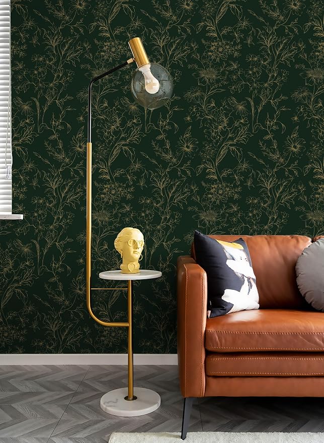 Hopepak Gold and Green Floral Wallpaper Peel and Stick Wallpaper for Bedroom 17.3" x 78.7" Self Adhesive Removable Wall Paper Waterproof Contact Paper Vinyl Roll for Bathroom Living Room