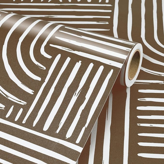 Livelynine Brown Geometric Wallpaper Peel and Stick Bold Abstract Wallpaper Living Room Accent Wall Paper Removable Minimalist Mid Century Modern Contact Paper for Cabinets Self Adhesive 17.5x78.8