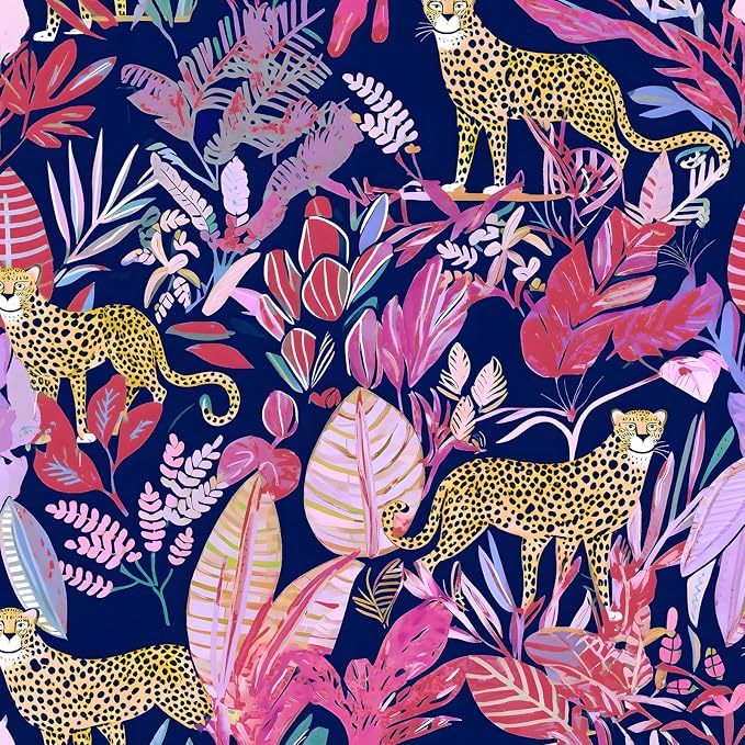 Purple Vintage Leopard Peel and Stick Wallpaper 17.5" x 787" | Waterproof Vinyl Self Adhesive Removable Renter Friendly Floral Contact Paper