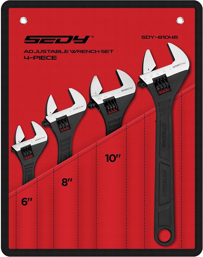 Adjustable Wrench Set Wrenches Sets: 4-Piece 6, 8, 10, 12 Inch Chrome Vanadium Steel Corrosion-Resistant Black Oxide Finish for Automotive Plumbing and Household Repairs