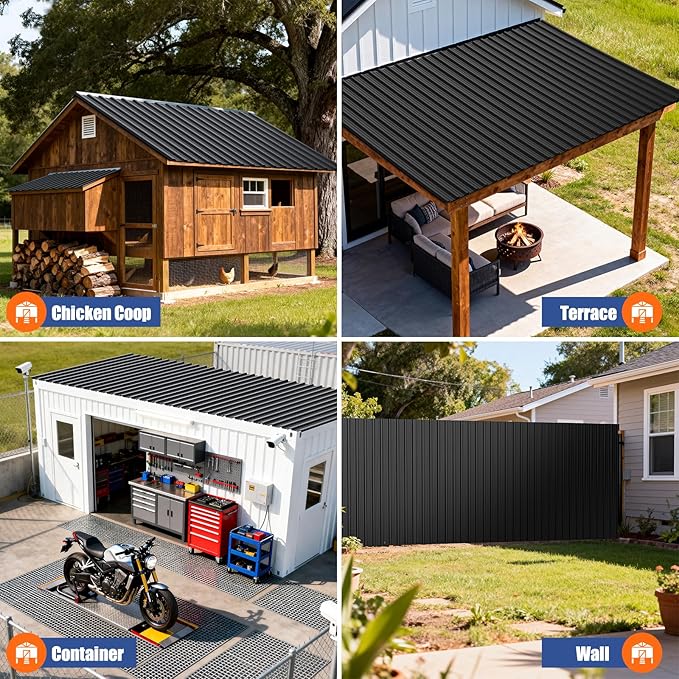 Brakki Metal Roofing Panels 20pcs 111.4 ft², 45.28"L Black Corrugated Galvanized Steel Roof Panels with Screw, Heavy Duty Metal Siding Suitable for Garages Chicken Coop Sheds Stables Patio