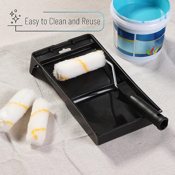 Bates- 4-Inch Paint Roller Kit, 10 pcs, Roller Set with Microfiber Sleeves & Frame, Tray, Tray Liner and Trim Brush for Walls, Cabinets, Interior, Exterior, House Painting Supplies