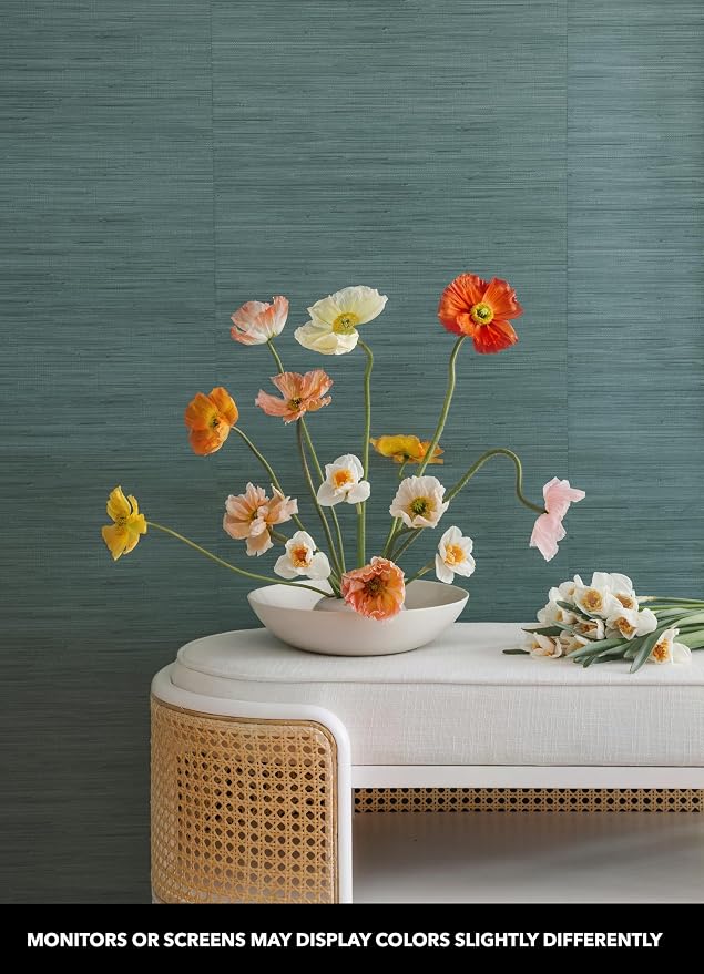 NuWallpaper x Society Social Peacock Classic Faux Grasscloth Peel & Stick Wallpaper, Teal