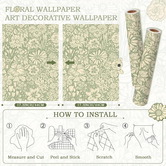 Floral Wallpaper Peel and Stick Wallpaper Boho 17.3''×393'' Self Adhesive Wall Paper Green and Beige Contact Paper Removable Modern Wallpapers Decorative for Bedroom Bathroom Cabinets Decor Vinyl