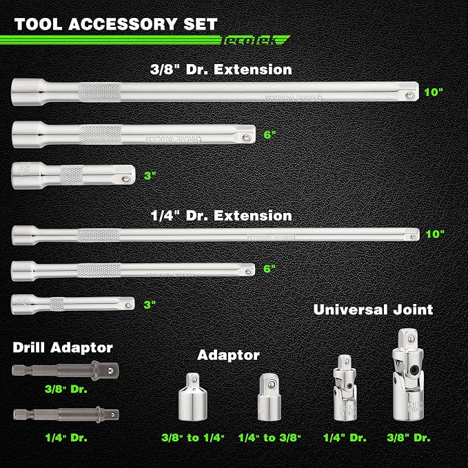 TecoTek 17-Pieces Drive Tool Accessory Set, Spark Plug Socket Set, Includes 1/4" & 3/8” Drive Extension Bar, Socket Adapter, Universal Joints, Spark Plug Sockets, Professional Socket Accessories, Cr-V