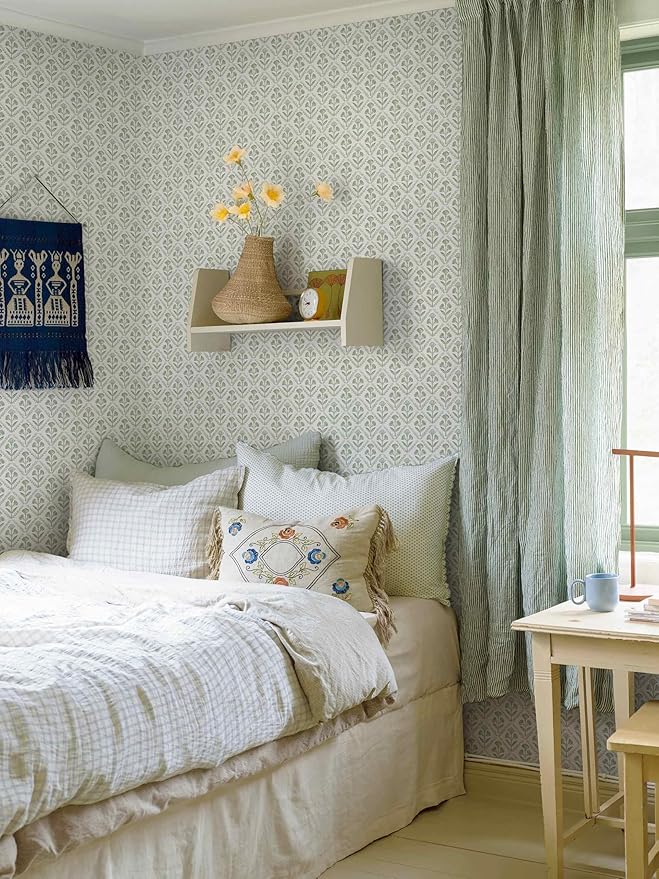 Dimoon Green Peel and Stick Wallpaper Floral Contact Paper Village Vintage Summer Cute Farmhouse Cottage Wall Paper Country Renter Friendly Geometry Waterproof Moody Bathroom Kitchen 394"x17.3"