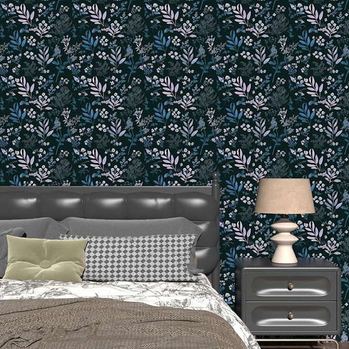 Laatse Vintage Blue Wallpaper Peel and Stick Dark Pink Floral Wallpaper 17.5'' x 118'' Dark Blue Leaf Contact Paper Vinyl Waterproof Self Adhesive Boho Botanical Wall Paper for Bedroom Cabinet Décor