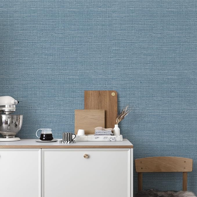 JiffDiff Grasscloth Wallpaper Peel and Stick 1181" x 17.3" Blue Cream Grassweave Stick on Wallpaper Textured Self Adhesive Wall Paper Contact Paper