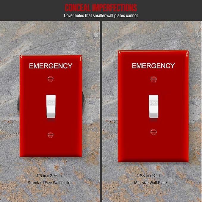 ENERLITES Toggle Light Switch Wall Plate with Emergency Label, Mid-Size Single-Gang 4.88" x 3.11", Unbreakable Polycarbonate Thermoplastic, UL Listed, 8811M-ER, Red with Emergency Label