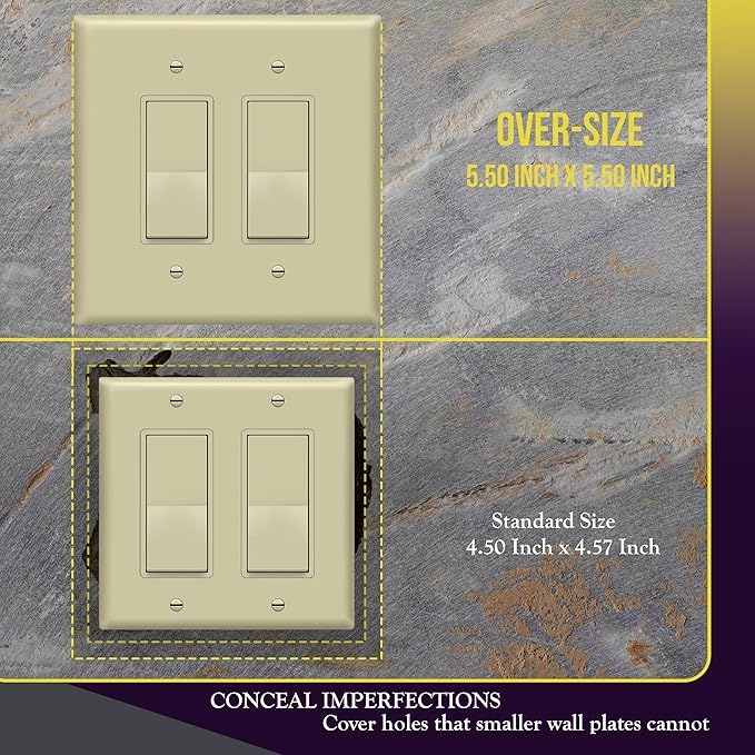 ENERLITES Double Decorator Switch Cover, Two Gang Outlet Wall Plate, Gloss Finish, Oversized 2-Gang 5.50" x 5.50", Unbreakable Polycarbonate Thermoplastic, UL Listed, 8832O-I, Ivory