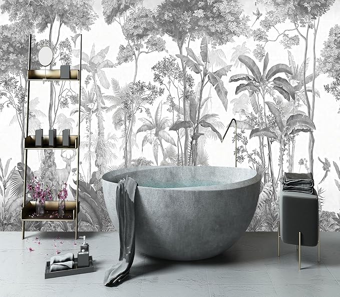 YIHWM-Peel and Stick Tropical Rainforest Wallpaper Grey Jungle Plants Mural | Tear-resistant,with a substantial feel;Will not be damaged during repositioning.Bathroom,Bedroom wallpaper.S-80"x58"