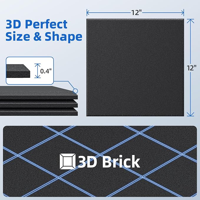 20 Pack Acoustic Panels with Self Adhesive Sound Proof Foam Panels for Wall | 12" X 12" X 0.4" High Density Soundproof Wall Panels, Brick Sound Absorbing Panels for Home Studio Office Decor - Black